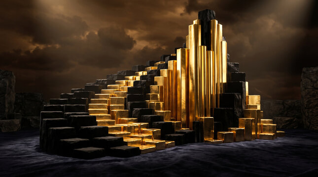 an abstract, 3D-rendered digital sculpture featuring gleaming gold and black geometric blocks arranged in a stepped, tiered pyramid or tower structure against a dark, moody background.