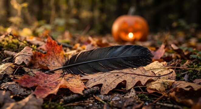 Halloween jack-o-lantern and black feather on autumn leaves