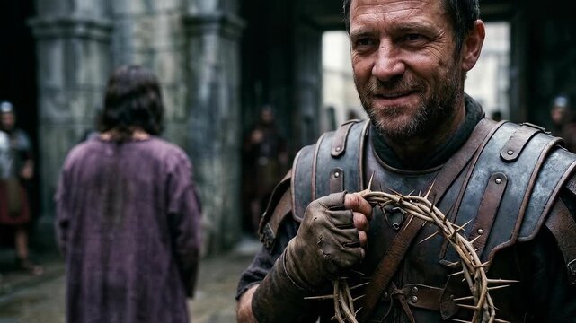 Roman Soldier Holds Crown of Thorns After Mocking Jesus Christ During Holy Week Symbolizing Cruelty Humiliation Persecution Power Suffering and the Biblical Passion Before Crucifixion in Jerusalem