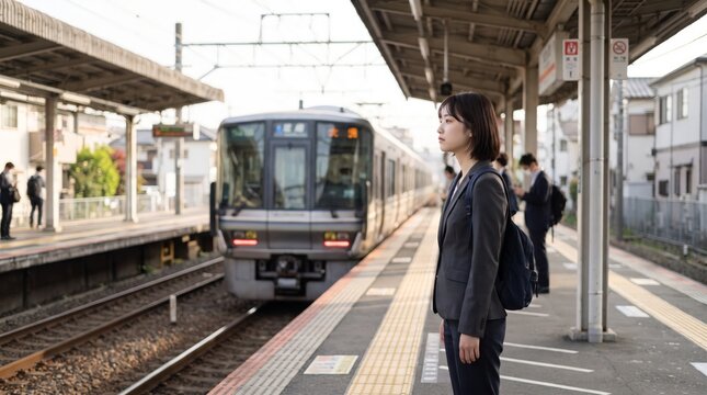 An arriving train approaches a Japanese commuter