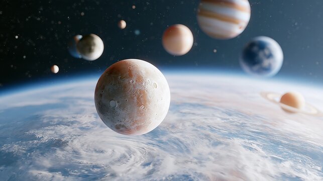 Surreal solar system with planets floating above Earth, futuristic space exploration and astronomy concept