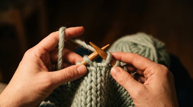 Close up hands knitting mint green chunky wool with wooden needles indoor