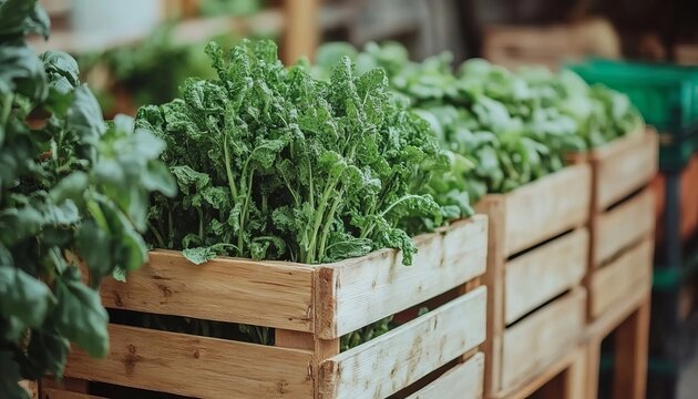 Fresh Healthy Green Vegetables In Rustic Wooden Crates At The Local Farm Harvest Market Concept Sale