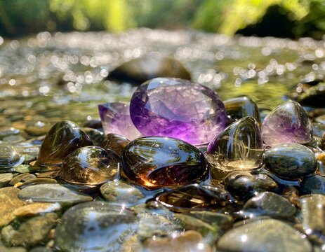 Polished Amethyst and Smoky Quartz Stones in a Sunlit Creek