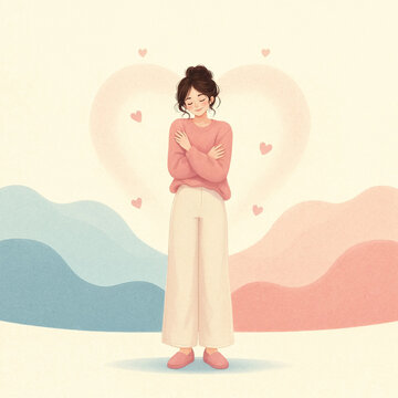 Illustration of a young woman standing with crossed arms in a self-hug, surrounded by hearts and soft pastel waves. Self-love and emotional wellness concept.