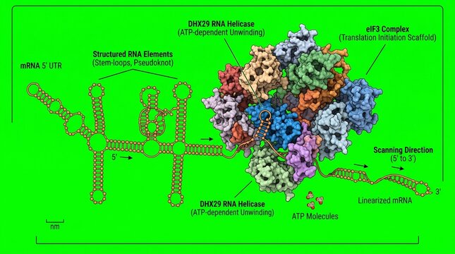DHX29 RNA helicase and eIF3 complex molecular structure diagram