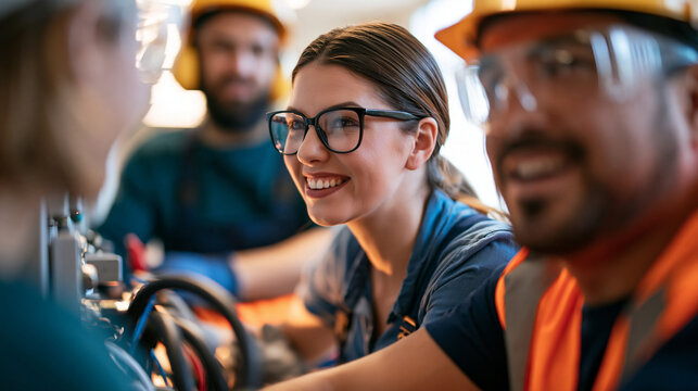 Faceless young electrician students gathered around a complex electrical project, smiling and interacting while wearing safety gear in a vocational training room, with copy space