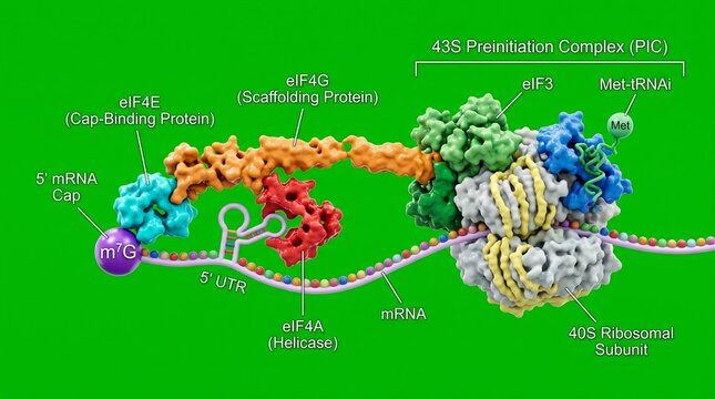Molecular diagram of eIF4E binding to mRNA cap and 43S preinitiation complex