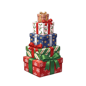 A stack of Christmas gift boxes with ribbons in various patterns