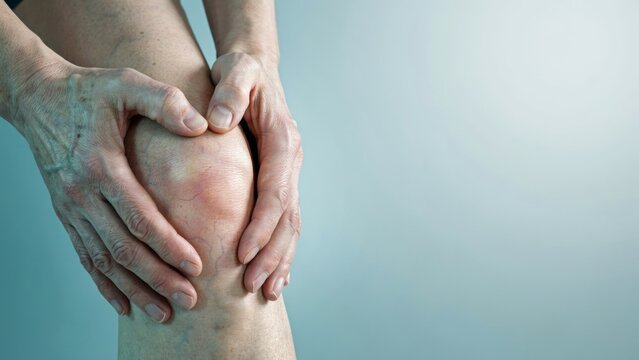 Elderly patient holding swollen knee joint showing signs of arthritis and joint degeneration in medical care setting