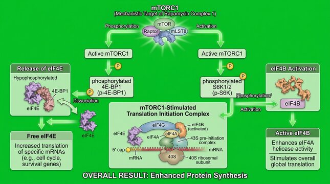Scientific diagram of mTORC1 signaling pathway regulating protein synthesis