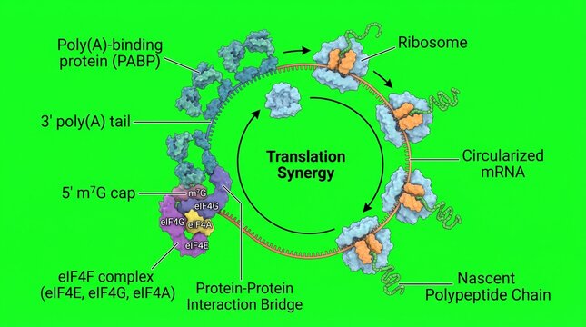 Scientific diagram of mRNA circularization and protein translation mechanism
