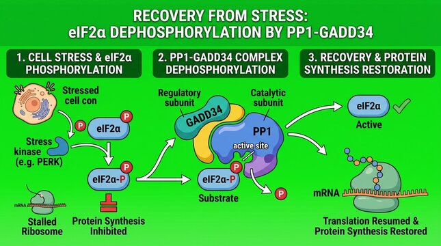 Scientific diagram showing eIF2a dephosphorylation by PP1-GADD34 complex