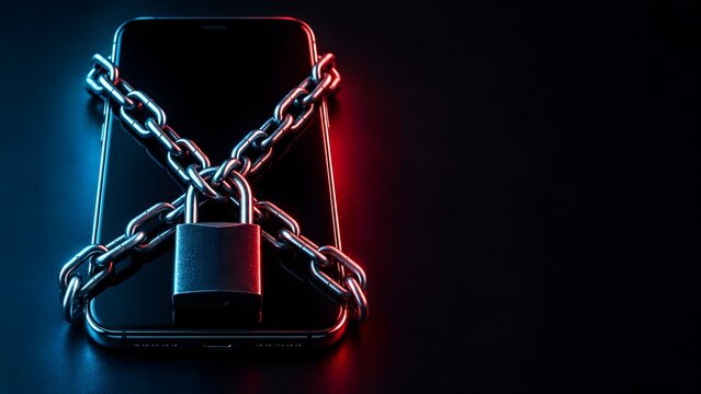 Smartphone Secured with Heavy Chains and Padlock for Mobile Cyber Security and Data Privacy Protection Concept