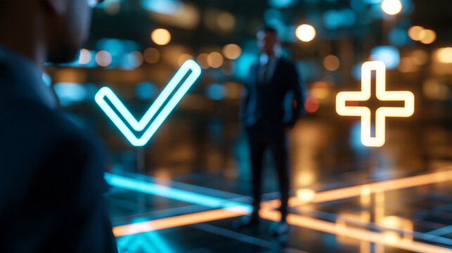 Faceless businessman standing at a crossroads facing glowing neon checkmark and cross signs indicating correct and incorrect life paths, decision-making concept, with copy space