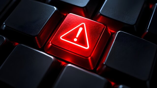 Close up of a red glowing warning button with exclamation mark on a dark computer keyboard representing system error, cybersecurity threat, and critical alert.