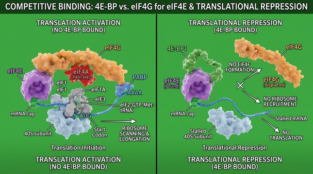 Scientific diagram showing competitive binding of 4E-BP and eIF4G proteins