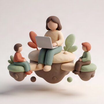 Faceless clay figure woman working on laptop on floating island between two children on seesaw islands, concept of work life balance and parenting while working