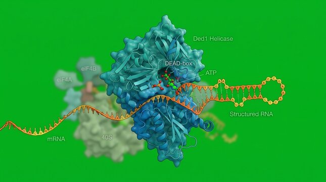 Molecular model of Ded1 helicase unwinding structured RNA on green screen