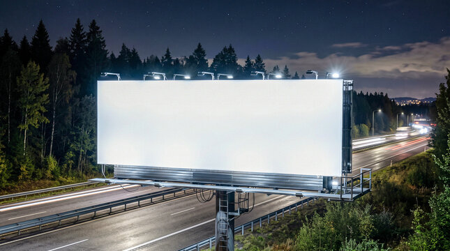 Mockup hiperrealista de una valla publicitaria nocturna completamente en blanco, iluminada por focos, lista para insertar cualquier dise&ntilde;o.