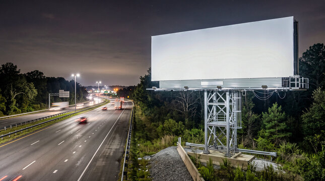 Mockup hiperrealista de una valla publicitaria nocturna completamente en blanco, iluminada por focos, lista para insertar cualquier dise&ntilde;o.
