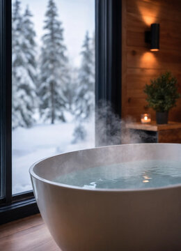 Freestanding bathtub filled with warm water beside a window overlooking snow-covered trees in a cozy wood-paneled interior, creating a peaceful winter retreat.