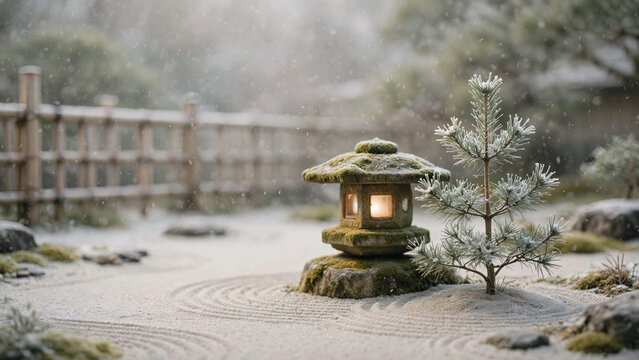 Serene snowy zen rock garden with a frosted pine sapling and glowing stone lantern in a minimal Japanese winter scene