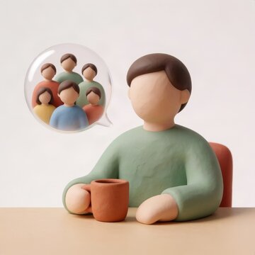 Faceless clay figure man with coffee cup thinking of a group of people in speech bubble, concept of social connection, community and thinking of others