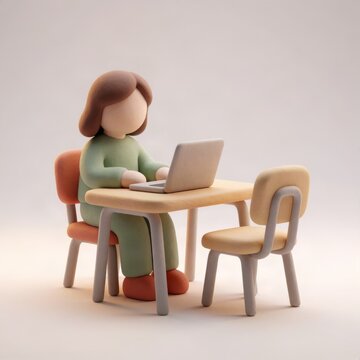 Faceless clay figure woman working on laptop at desk with empty chair opposite, concept of remote meeting, waiting and virtual presence