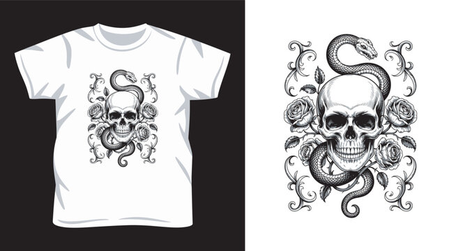 Detailed skull and snake with roses illustration design for apparel print edgy gothic black white streetwear style.