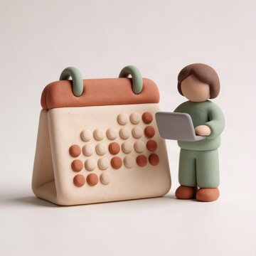 Clay figure with laptop standing beside large desk calendar with marked dates, concept of planning, scheduling and time management