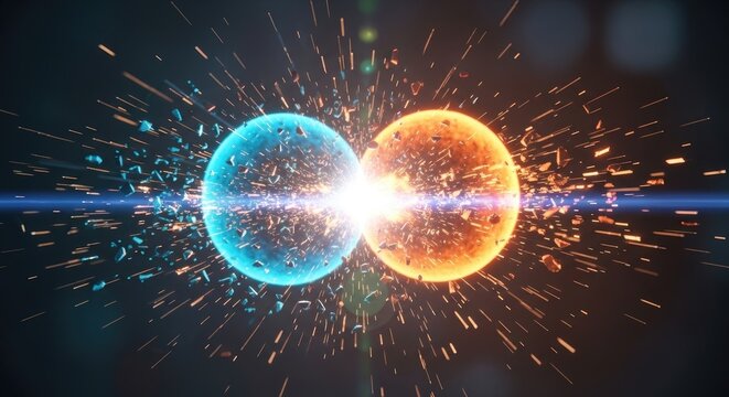 Abstract representation of subatomic particle collision with glowing energy bursts and sparks.