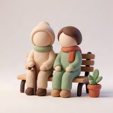 Two elderly clay figures in scarves sitting together on a park bench in winter, concept of old age, companionship and friendship