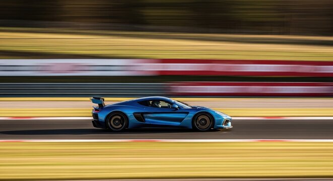 Blue Sports Car Speeding on a Racetrack with Motion Blur.