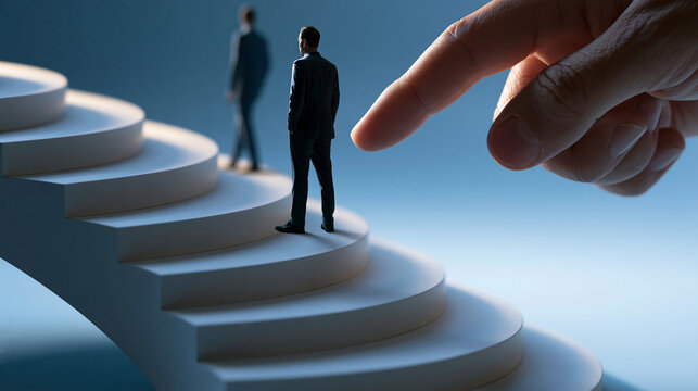 Faceless businessman standing on a spiraling staircase as a hand adds the next step, symbolizing career advancement and opportunity, with copy space