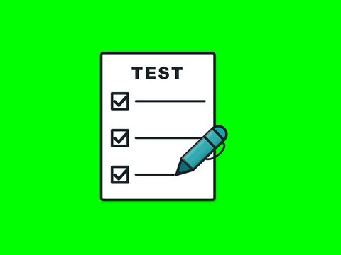 Flat design vector icon on a green background, depicting a test document with checkboxes and a pencil, representing concepts like assessment, examination, survey, or completion