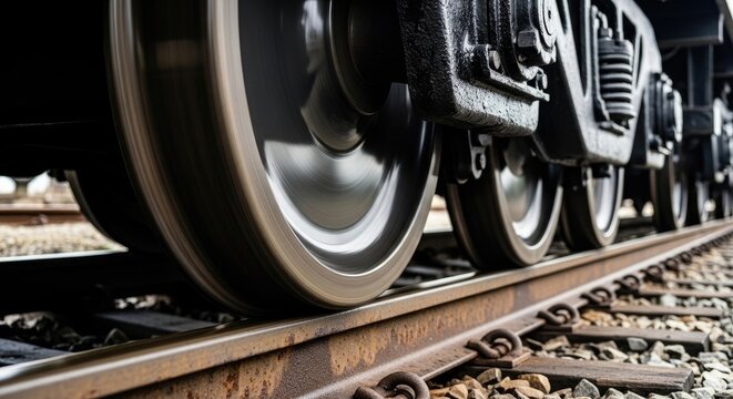Close up of train wheels on railroad tracks in motion.