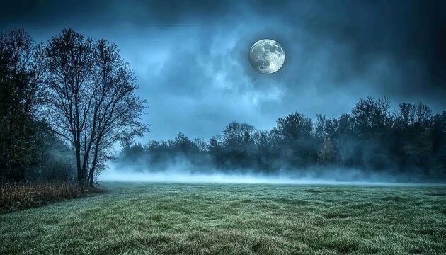 Autumn Night Landscape with a Majestic Full Moon Above a Grassy Field Covered in Dense Misty Fog