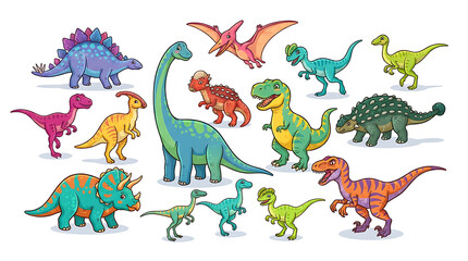 Obraz premium Colorful cartoon dinosaurs and aliens playing together