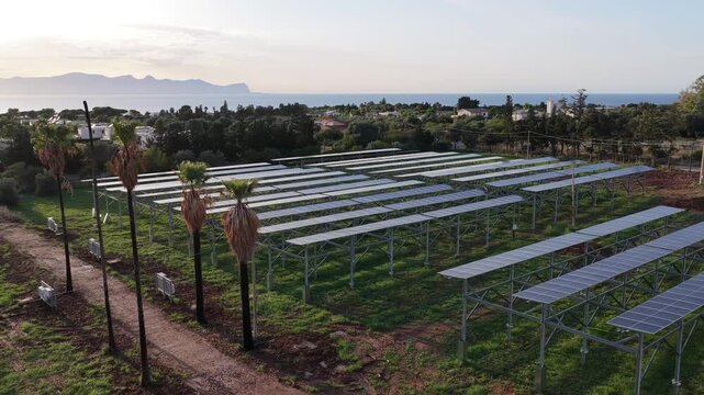 Aerial view of rows of solar panels installed on green grass with palm trees and the Mediterranean Sea in the background in Terrasini, Sicily, Italy.