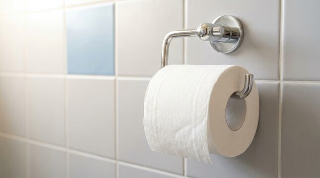 Wall mounted toilet tissue holder with rolled paper in bathroom
