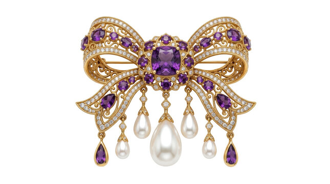 Ornate gold bow brooch with amethysts and pearls isolated on transparent background