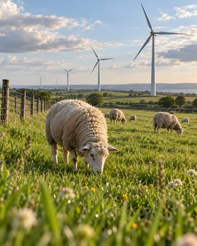 Sheep graze beneath operating wind turbines, showing practical coexistence of renewable energy and agricultural land use.