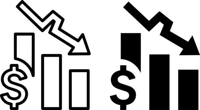 Financial decline market crash downward arrow loss graph vector icon