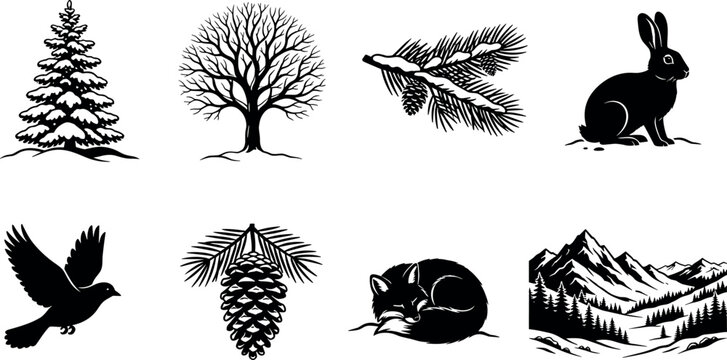 Set of black and white winter forest nature silhouettes including pine tree animals mountains and pinecone vector illustration
