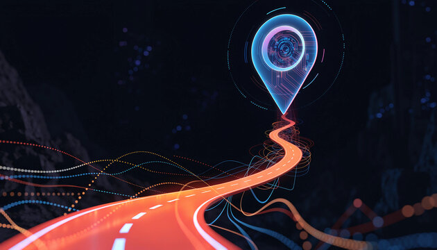Digital map pinpointing glowing futuristic road network in dark space with light