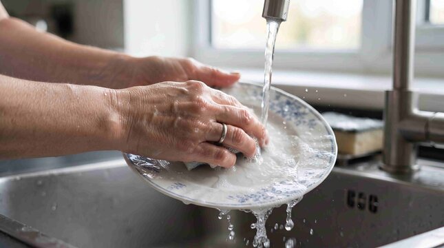 Close up of human hands rinsing a ceramic plate under running water in a modern kitchen sink during daily household chores and cleaning