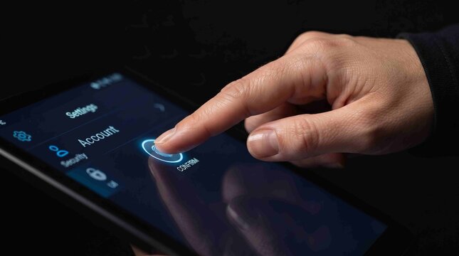 Close up of a hand unlocking a smartphone with a fingerprint scanner on screen for securing personal account data and device settings