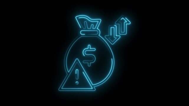 Neon money bag fluctuation and warning sign investment risk indicator animated icon