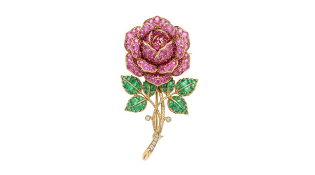 Gold rose brooch with rubies and emeralds isolated on transparent background